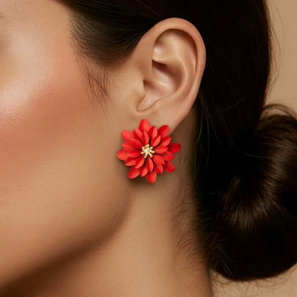 Scarlet Red Chrysanthemum Flower Stud Earrings Bold Floral Statement Glam Chic